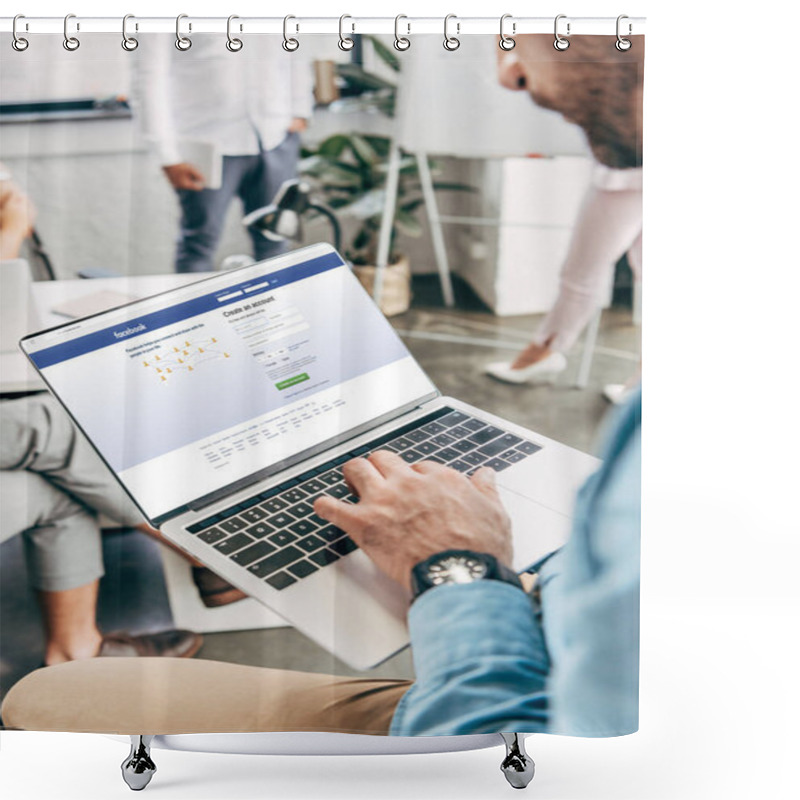 Personality  Cropped Shot Of Young Businessman Using Laptop With Facebook Website On Screen  Shower Curtains