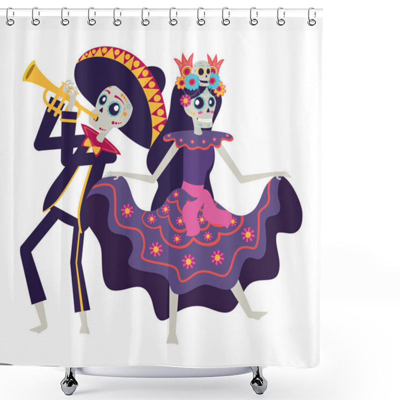 Personality  Catrina And Mariachi Playing Trumpet Characters Shower Curtains