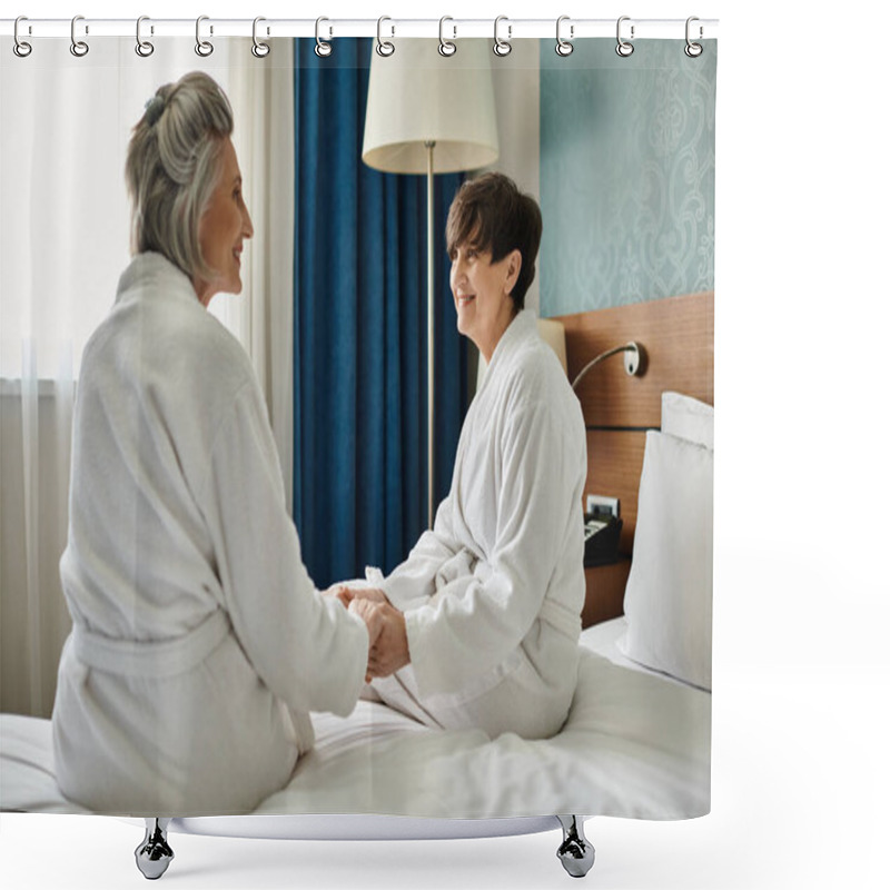 Personality  Senior Lesbian Couple Sitting Together On A Bed, Wearing Robes, Sharing A Tender Moment. Shower Curtains