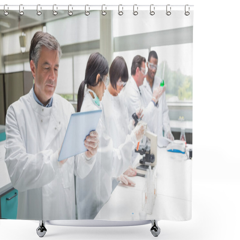 Personality  Chemist Using Tablet Pc Shower Curtains