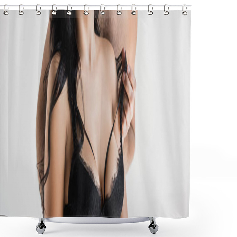 Personality  Cropped View Of Shirtless Man Undressing Sensual Woman In Bra Isolated On Grey, Banner  Shower Curtains