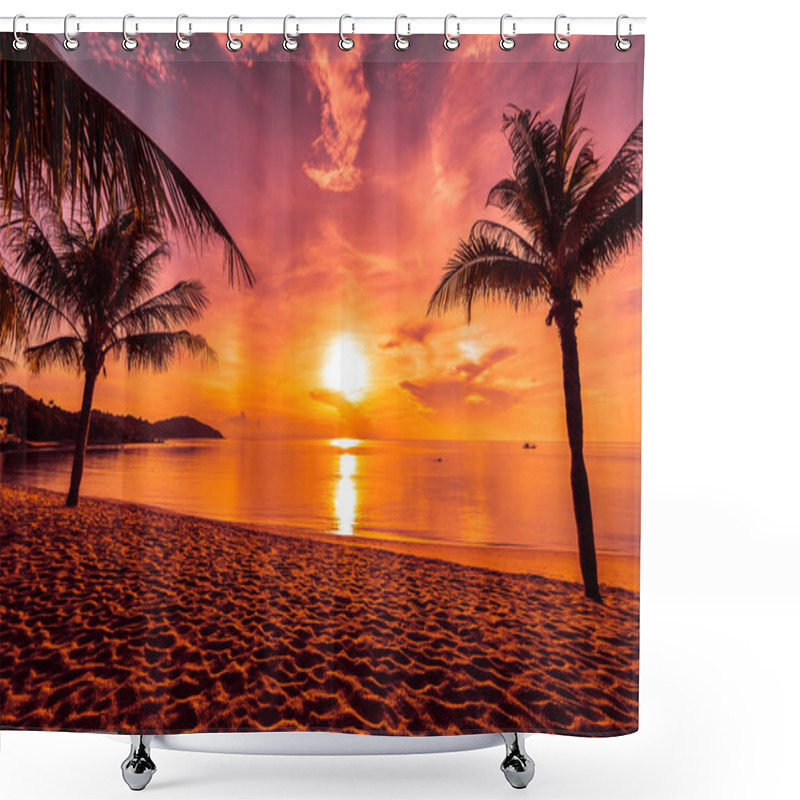 Personality  At Sunset Time On The Tropical Paradise Island Beach And Sea With Coconut Palm Tree For Holiday And Vacation Shower Curtains