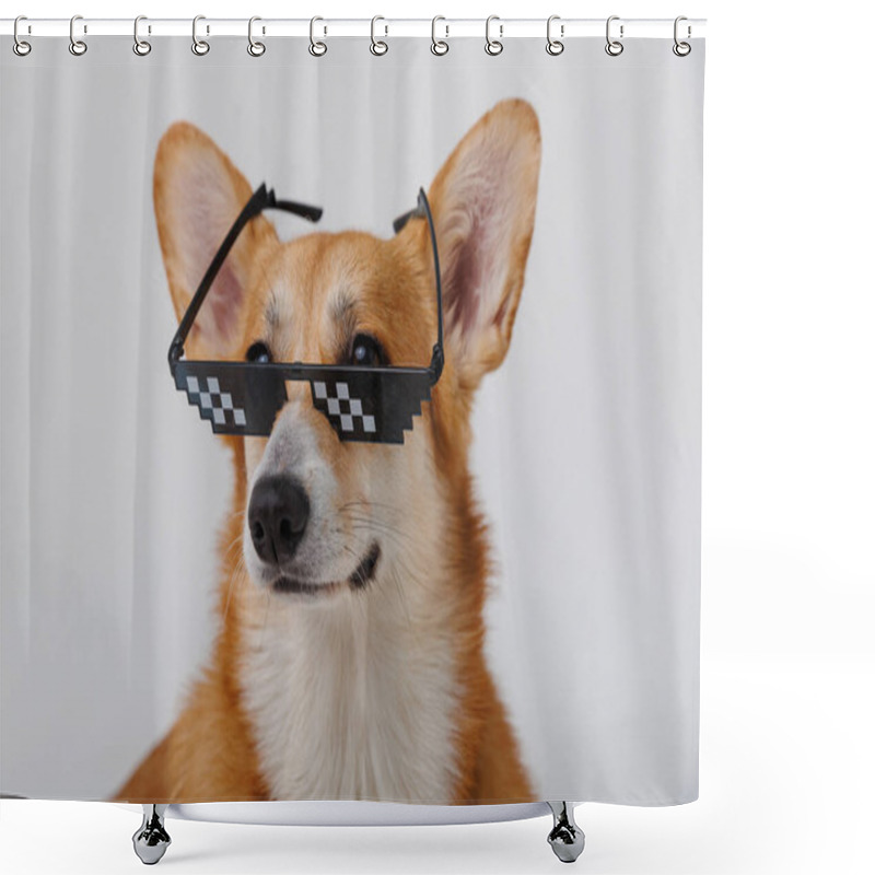 Personality  Stylish Corgi Dog Wearing Pixelated Sunglasses, Looking Cool And Confident. High Quality Photo Shower Curtains