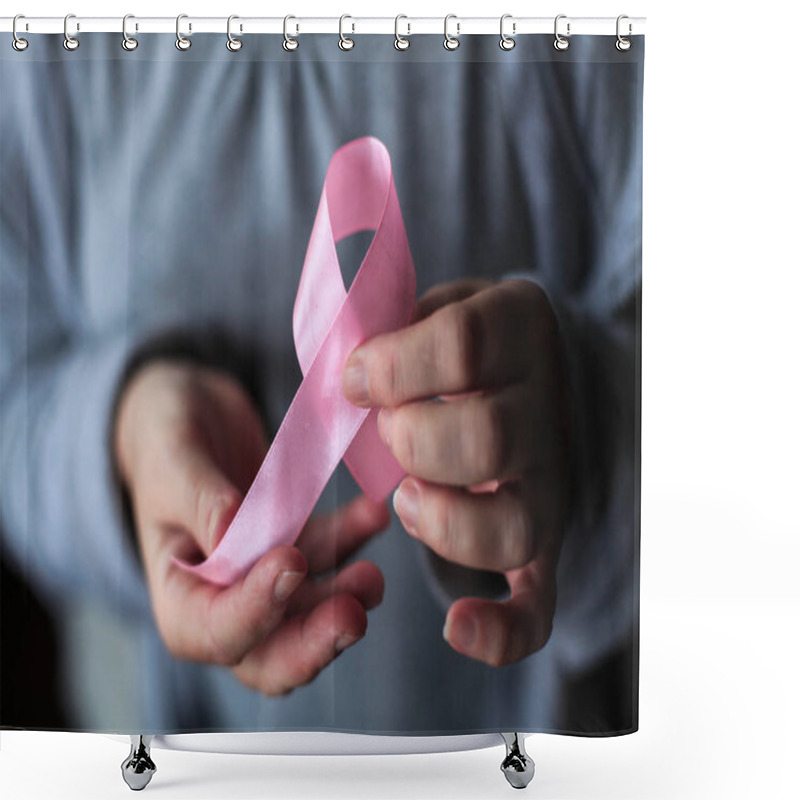 Personality  Healthcare And Medicine Concept - Womans Hands Holding Pink Breast Cancer Awareness Ribbon Shower Curtains