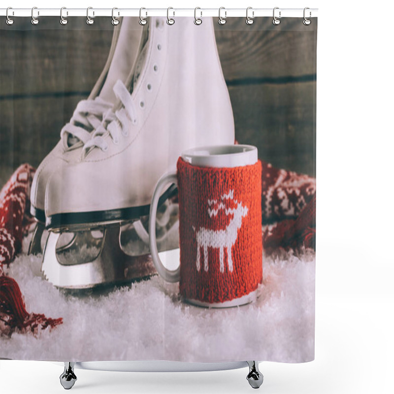 Personality  Pair Of White Skates With Cup With Knitted Ornament And Scarf Shower Curtains