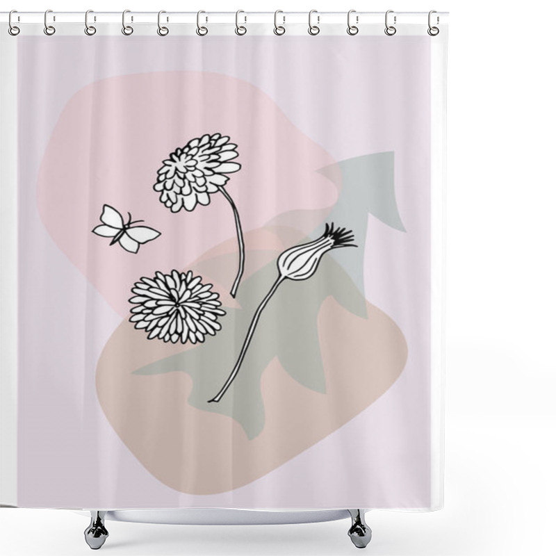 Personality  Postcard In The Style Of Minimalism With The Image Of Dandelion Flowers, Butterflies And A Background Of Abstract Shapes, Spots. Shower Curtains