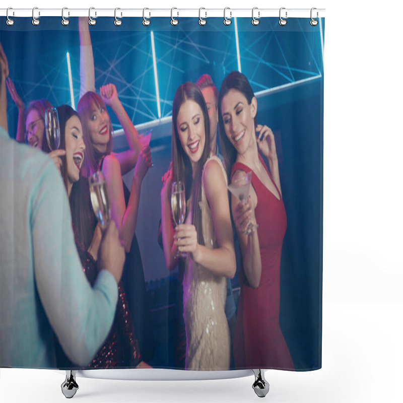 Personality  Birthday Day Occasion Holiday Event Loud Sound Concept. Photo Of Excited Crazy Carefree In Short Mini Dress Formal Wear Ladies Guys Enjoying Wine Glass Beverage Dancing On Dj Music Shower Curtains