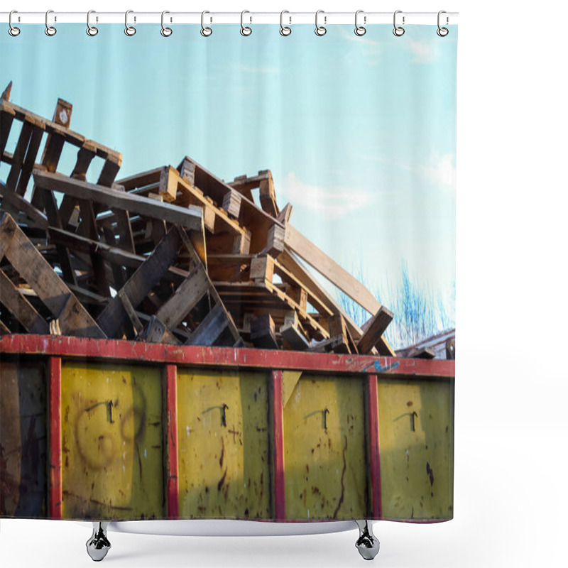 Personality  Garbage Removal. Pile Of Wooden Pallet Waste On Background Blue Sky Shower Curtains