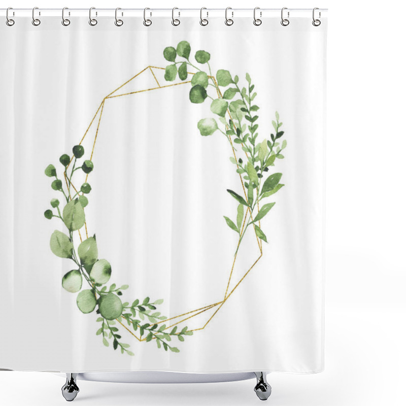 Personality  Watercolor Gold Geometrical Wreath With Greenery Leaves Branch Twig Plant Herb Flora Isolated On White Background. Botanical Spring Summer Leaf Decorative Illustration For Wedding Invitation Card Shower Curtains