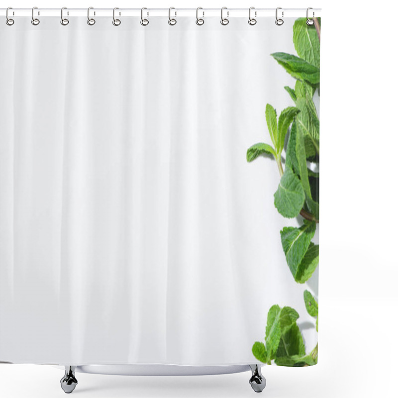 Personality  Top View Of Green Peppermint On White With Copy Space Shower Curtains