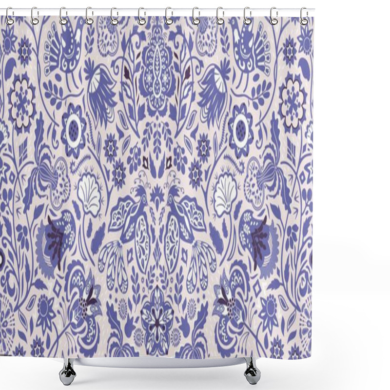 Personality  Folksy Stylized Flowers And Cute Fancy Birds In A Summer Garden Celebrating Spritely Joyous Violet-blue Shade, Very Peri. Abstracted Floral Elements And Shapes Inspired By Nature And The Eastern European Folk Art Have A Decorative Look. Shower Curtains