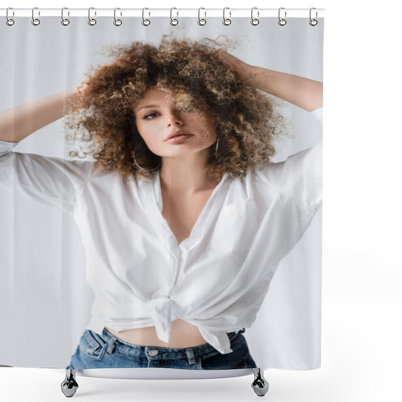 Personality  Curly Young Model In Blouse Touching Hair Isolated On White  Shower Curtains