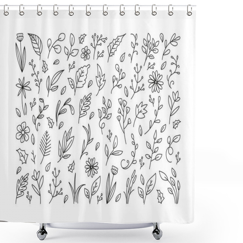 Personality  Leaves Floral Doodle Set, Botanical Leaf Element, Hand Drawn Leaf And Floral Icon Collection Shower Curtains