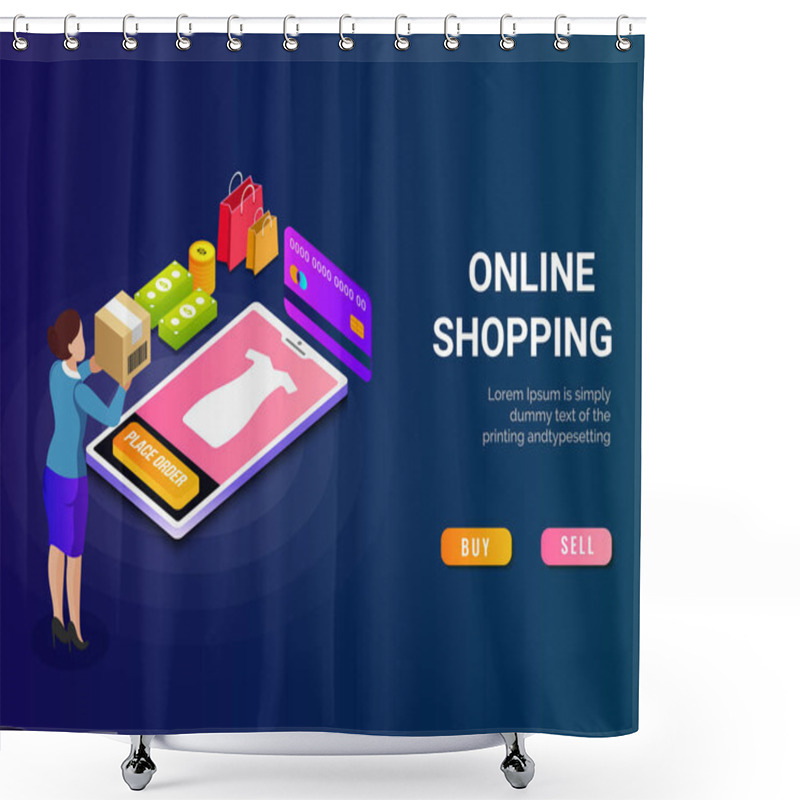 Personality  Online Shopping, Isometric Concept, Mobile App Or Landing Page Design With Money, Payment Card, Delivery Box, Shopping Bag And Buy Now Button. Can Be Used For Advertisement, Infographic, Game Or Mobile Apps Icon.   Shower Curtains