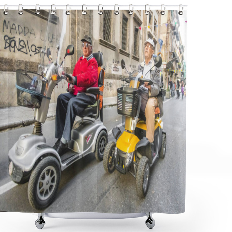 Personality  Palermo, Italy, October 31, 2017: Older Men On Electric Scooters For Disabled People Ride Along The Street Shower Curtains