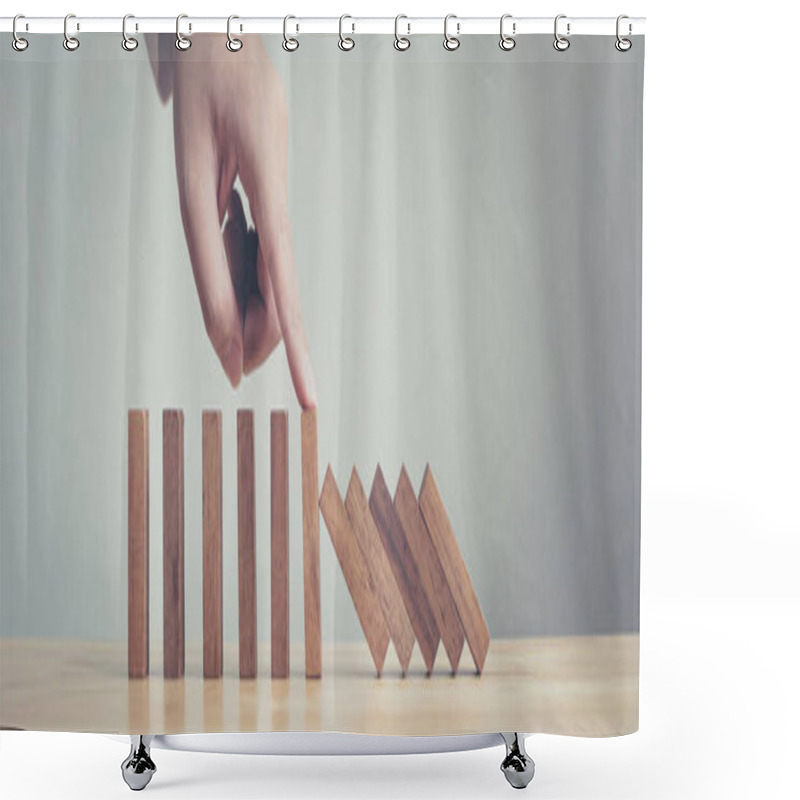 Personality  Hand Stopping Wooden Domino Business Crisis Effect Or Risk Protection Concept Shower Curtains