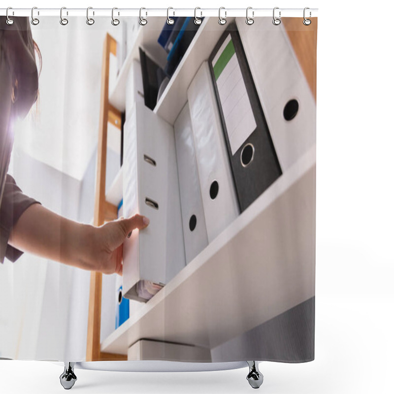 Personality  Businessperson's Hand Taking Folder From Wooden Shelf In Office Shower Curtains