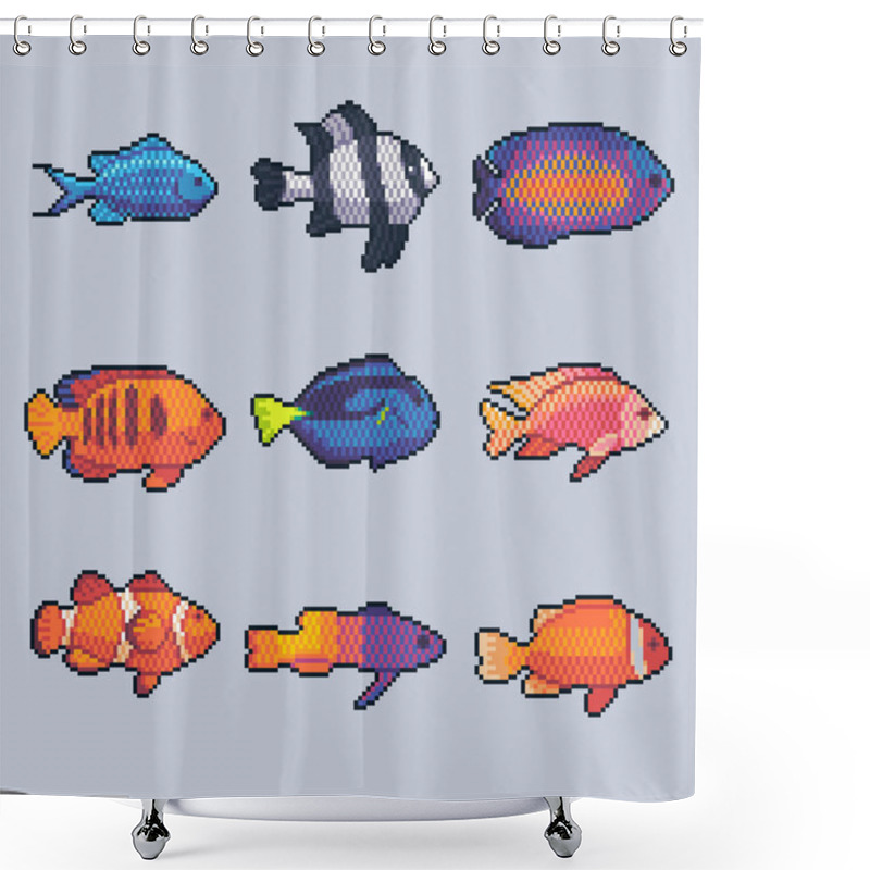 Personality  Pixel Art Vector Tropical Fish Icons Set. Shower Curtains