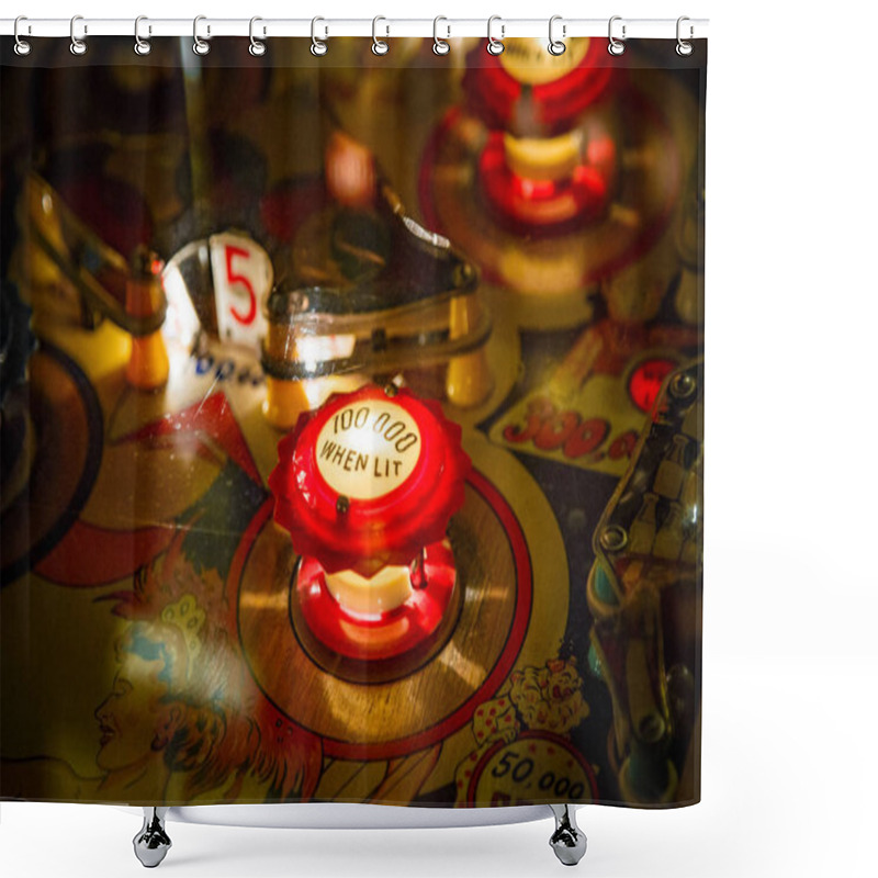 Personality  Budapest, Hungary - March 25, 2018: Pinball Museum. Pinball Table Close Up View Of Vintage Machine Shower Curtains