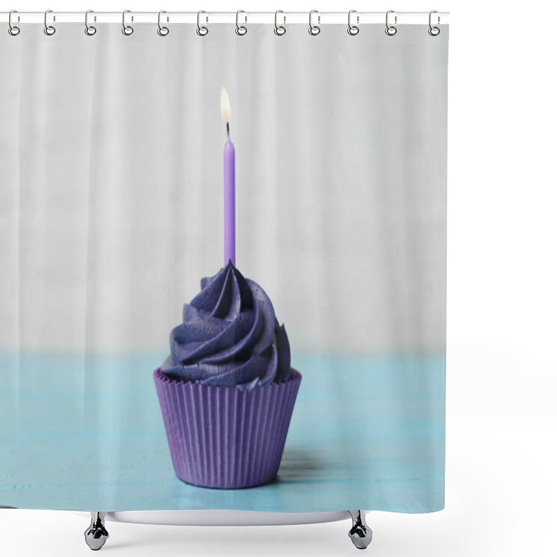 Personality  Delicious Birthday Cupcake With Cream And Burning Candle On Blue Wooden Table Shower Curtains