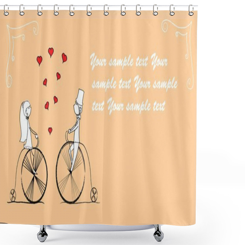 Personality  Wedding Picture, Bride And Groom Ride Bikes, Vector Shower Curtains