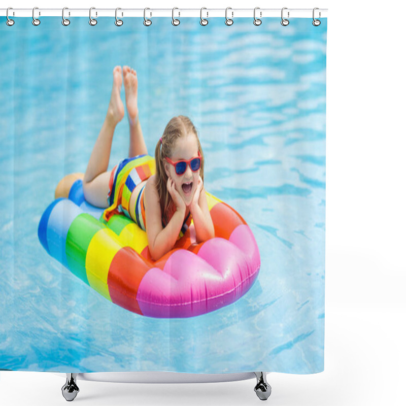 Personality  Happy Child On Inflatable Ice Cream Float In Outdoor Swimming Pool Of Tropical Resort. Summer Vacation With Kids. Swim Aids And Wear For Children. Water Toys. Little Girl Floating On Colorful Raft. Shower Curtains