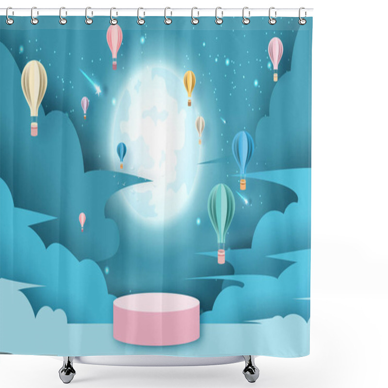 Personality  Holiday Of Hot Air Balloons On Abstract Cloud In Full Moon And Shooting Star Night Sky Background With Pink Stage Podium And Blank Space For Product. Paper Cut And Craft Style. Vector, Illustration. Shower Curtains