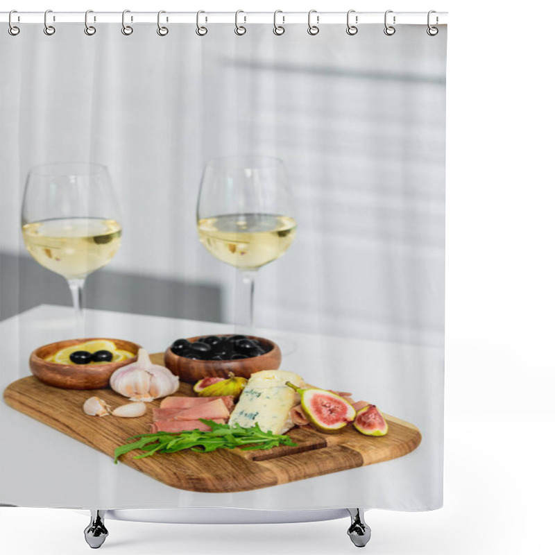 Personality  Close-up View Of Glasses Of Wine And Delicious Snacks On Wooden Board On Table     Shower Curtains