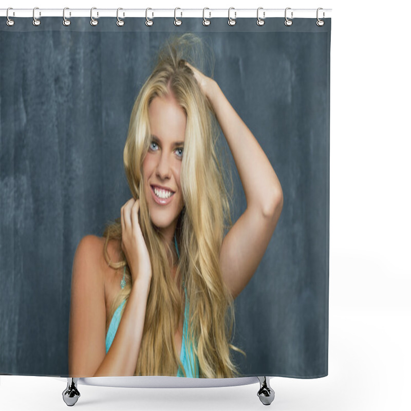 Personality  Portrait Of A Beautiful Blonde Girl With Luxuriant Hair Shower Curtains