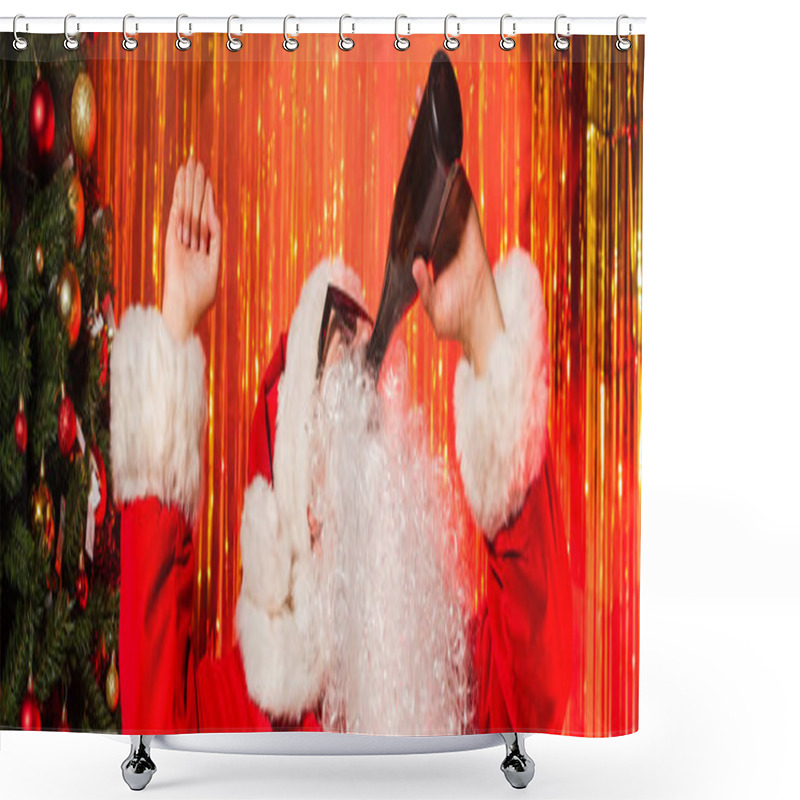 Personality  Father Christmas In Sunglasses Drinking Champagne From Bottle Near Tinsel, Banner  Shower Curtains