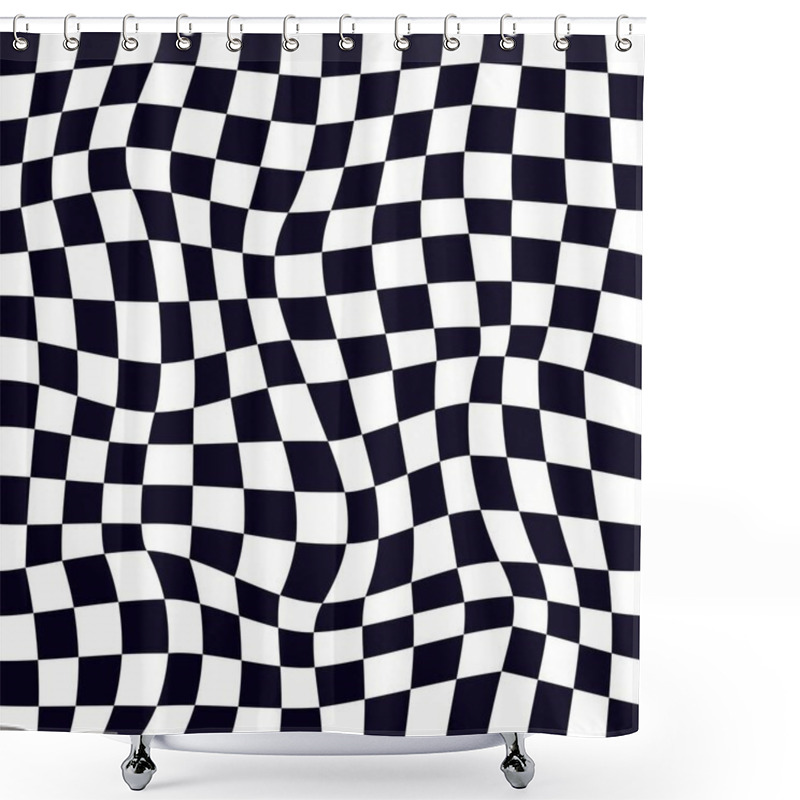 Personality  Psychedelic Checkerboard Or Race Flag. Visually Striking Design Featuring Black White Colors. Trippy Geometric Shapes. Optical Illusions, Retro Art, Mesmerizing Visual Vintage Vector Illustration Shower Curtains