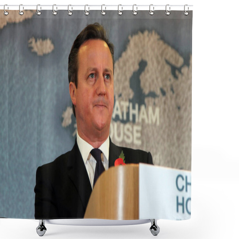 Personality  UK Prime Minister David Cameron Speaking At Chatham House, London On 10 November 2015 Shower Curtains