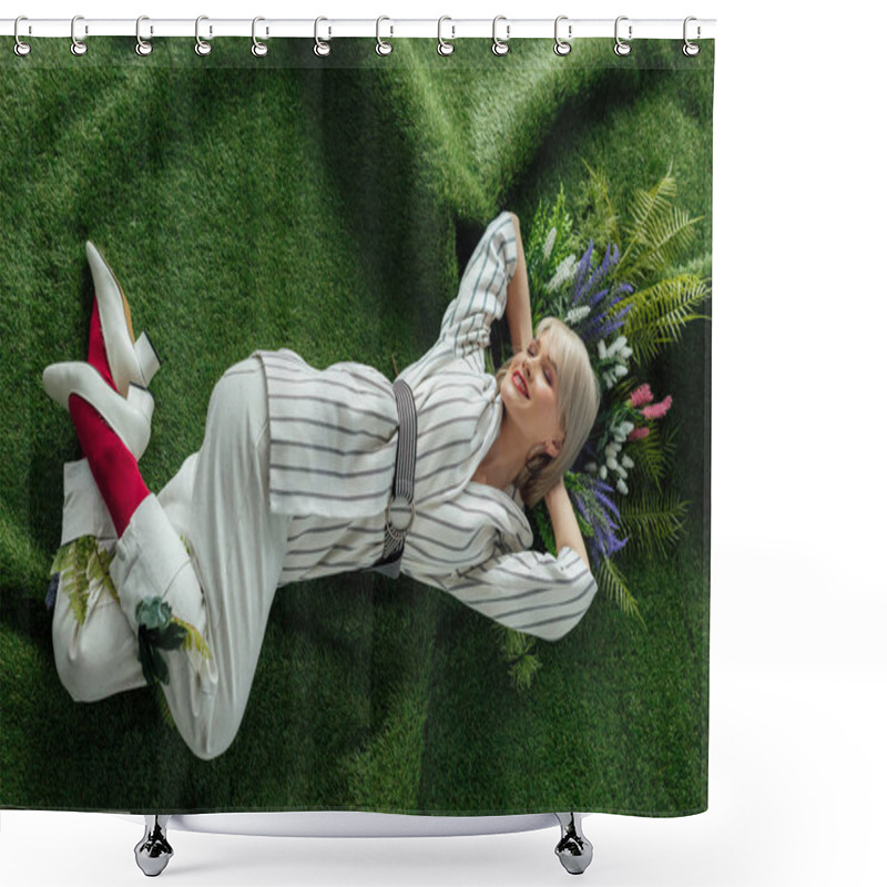 Personality  High Angle View Of Beautiful Stylish Girl Smiling While Lying On Artificial Grass With Flowers  Shower Curtains