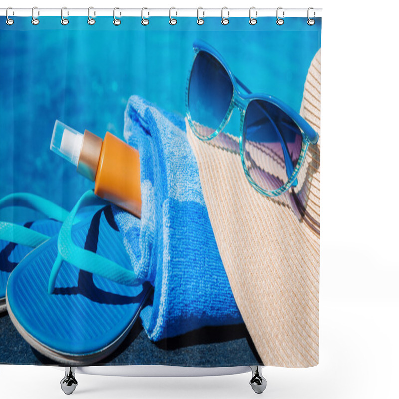 Personality  Slippers, Sunsscreen Cream, Hat, Sunglasses Near Swimming Pool Holiday Concept Shower Curtains