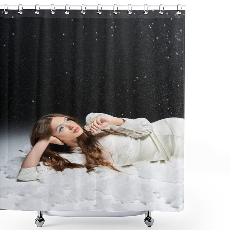 Personality  The Young Woman Enjoys A Serene Moment Resting In Soft Snow, Gazing At Delicate Snowflakes Above. Shower Curtains