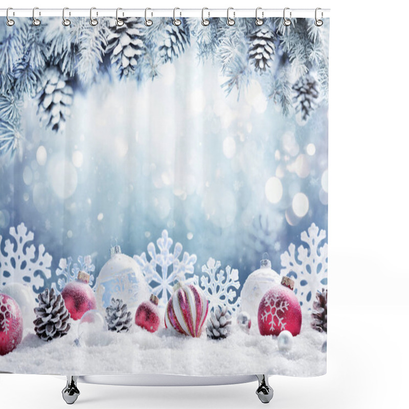 Personality  Christmas Card - Baubles On Snow With Snowy Fir Branches Shower Curtains