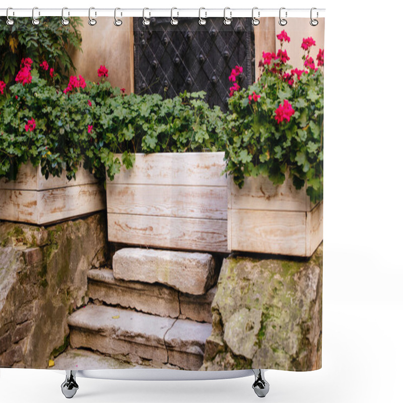 Personality  Stone Stairs With Wooden Boxes With Plants Shower Curtains