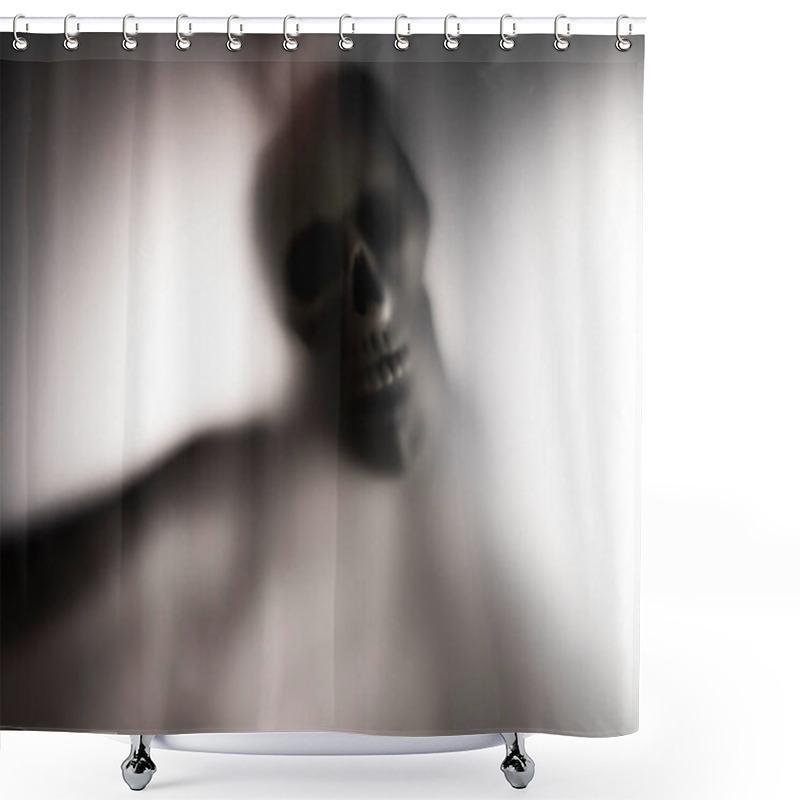 Personality  Horror Skeleton Or Grim Reaper Behind The Matte Glass. Halloween Festival Concept.Blurred Picture Shower Curtains