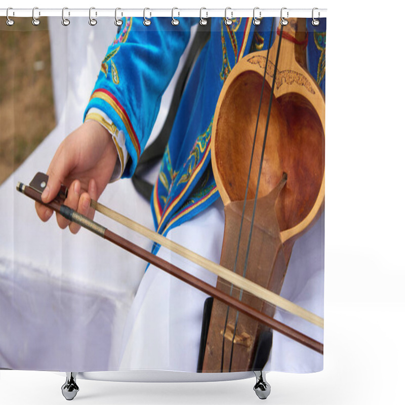 Personality  Playing A Musical Instrument Kobyz.The Kobyz Or Ql-kobz Is An Ancient Kazakh String Instrument. It Has Two Strings Made Of Horsehair. The Resonating Cavity Is Usually Covered With Goat Leather.  Shower Curtains