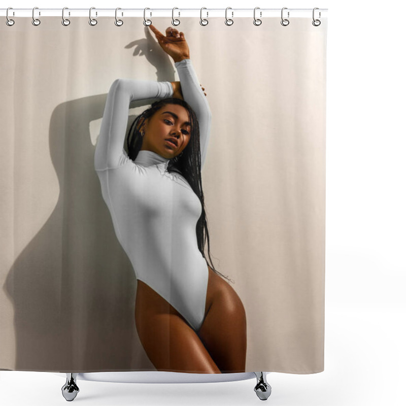 Personality  Fashion African Model Posing In Studio In Underwear. Beauty Stylish Portrait Of Trendy Woman On White Background Shower Curtains