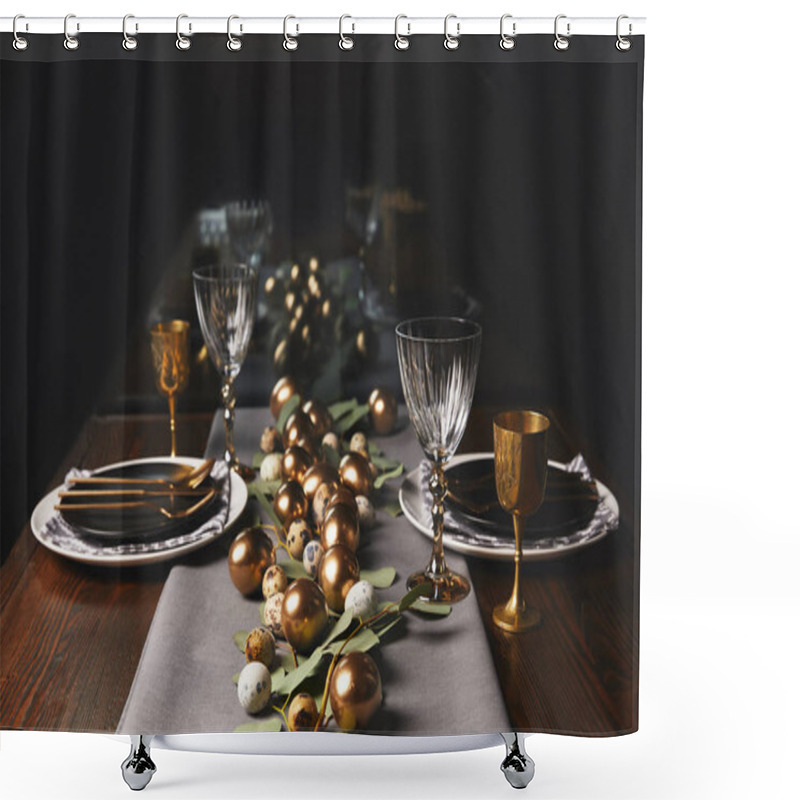 Personality  Restaurant Table With Easter Decoration And Golden Eggs Shower Curtains