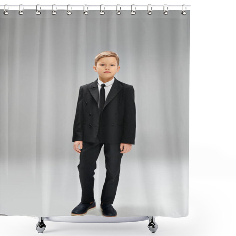 Personality  Preadolescent Boy In Sharp Suit And Tie On A Gray Backdrop. Shower Curtains