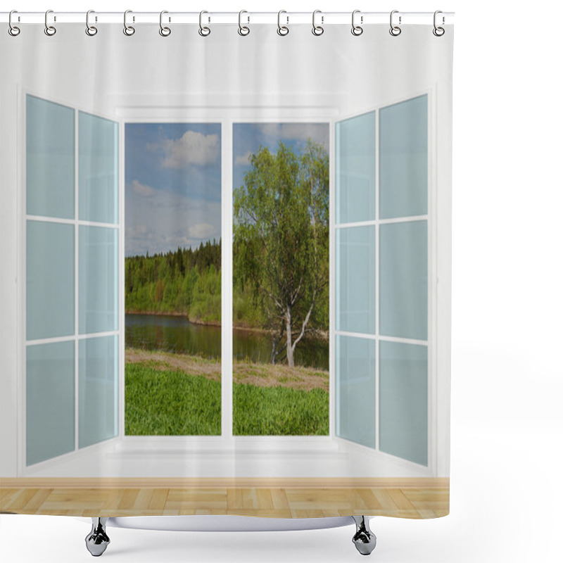 Personality  Summer Landscape Behind A Window Shower Curtains