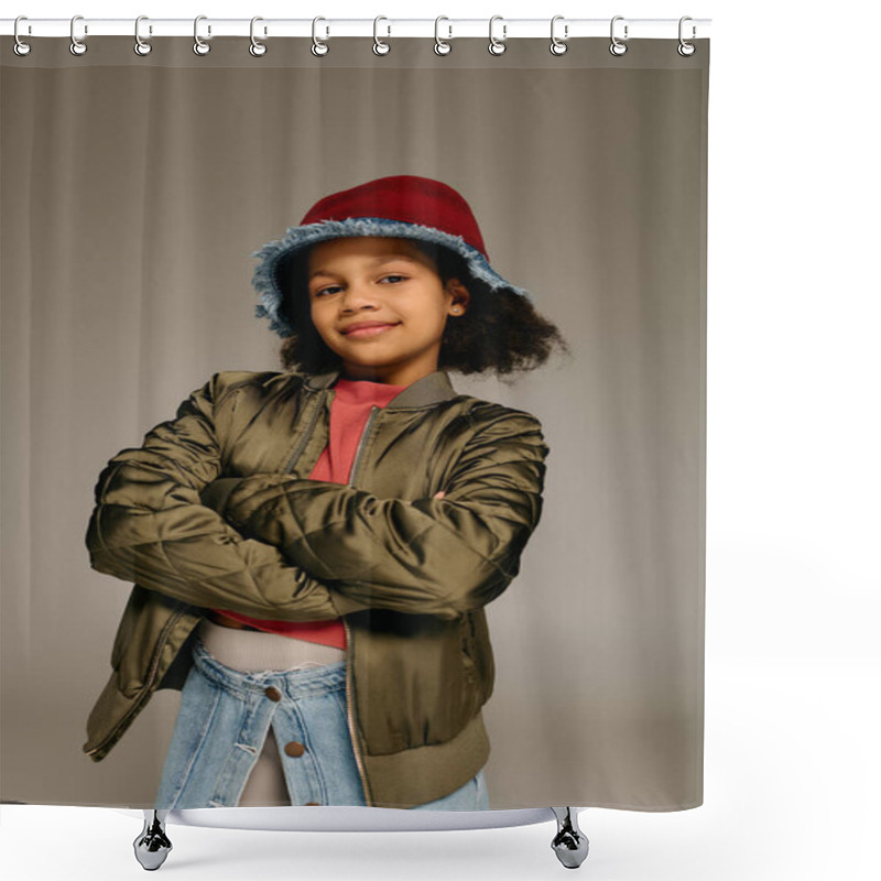 Personality  Young Girl Radiates Happiness While Dressed In Festive Attire For Christmas Celebrations. Shower Curtains