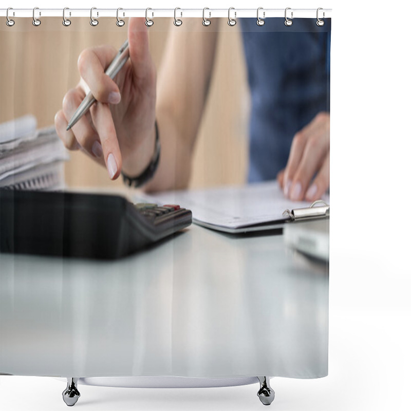 Personality  Close Up Of Female Accountant Or Banker Making Calculations Shower Curtains