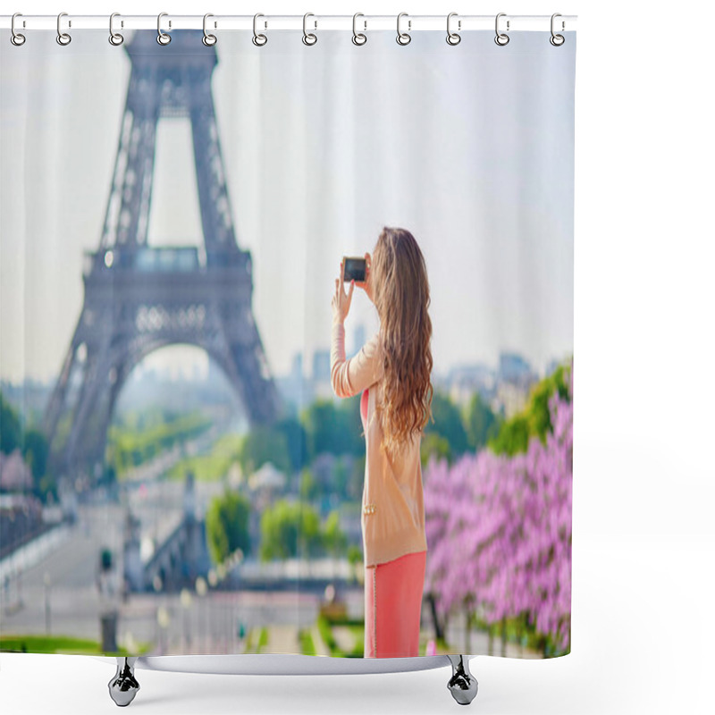 Personality  Beautiful Young Woman Near The Eiffel Tower Shower Curtains