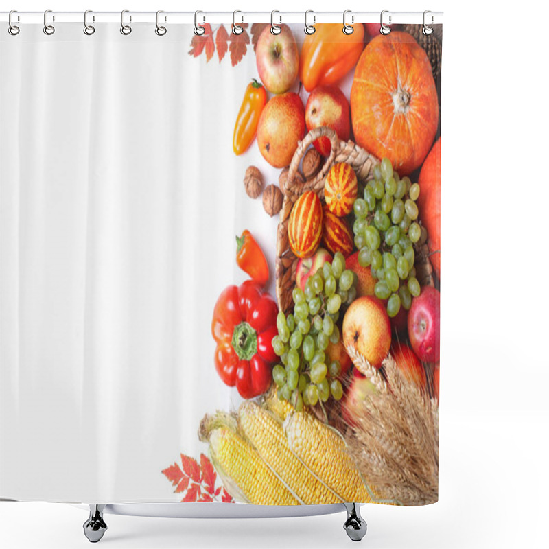 Personality  Happy Thanksgiving Day Background, Table Decorated With Pumpkins, Maize, Fruits And Autumn Leaves. Harvest Festival. The View From The Top. Horizontal. Background With Copy Space. Shower Curtains