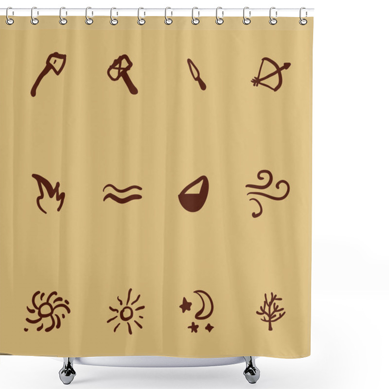 Personality  Vector Set Of Icons In Cave Drawings Style. Tools And Nature Elements. Primitive Art Illustrations. Shower Curtains