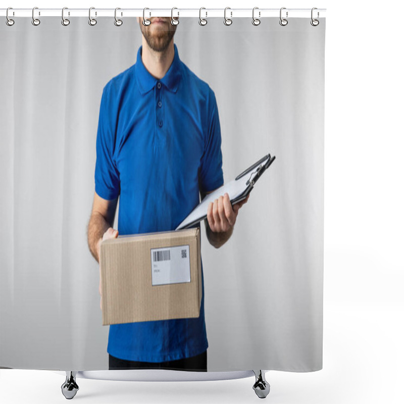 Personality  Cropped View Of Delivery Man Holding Cardboard Box And Clipboard Isolated On Grey Shower Curtains