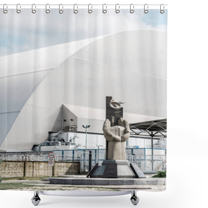 Personality  PRIPYAT, UKRAINE - AUGUST 15, 2019: Concrete Monument Near Abandoned Chernobyl Reactor Against Blue Sky With Clouds  Shower Curtains